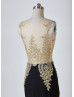 Mermaid Sheer Neckline Gold Lace Black Chiffon Beading Long Prom Dress